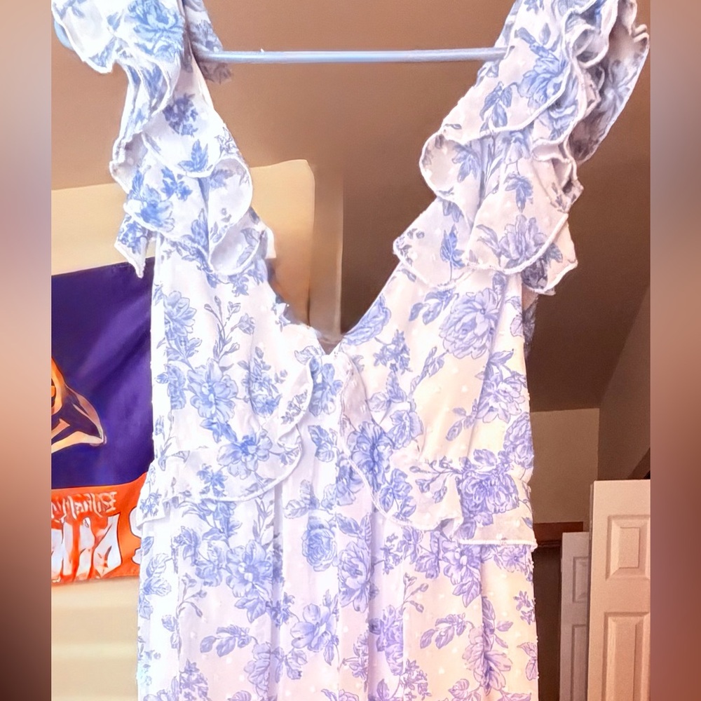Trixxi White Dress with Blue Floral Print and Ruffle Straps
